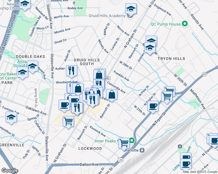 map of restaurants, bars, coffee shops, grocery stores, and more near 2219 Bancroft Street in Charlotte