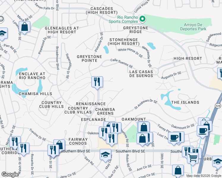 map of restaurants, bars, coffee shops, grocery stores, and more near 3410 Marino Drive in Rio Rancho