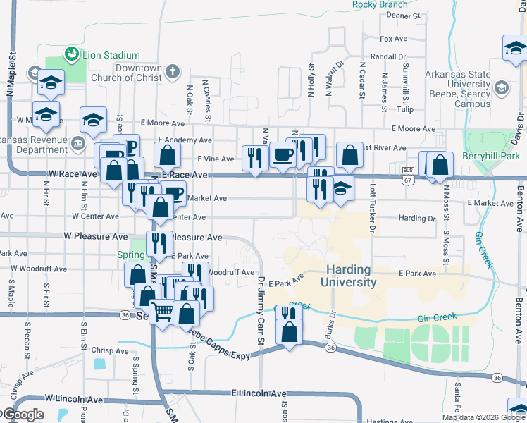 map of restaurants, bars, coffee shops, grocery stores, and more near 704 East Center Avenue in Searcy