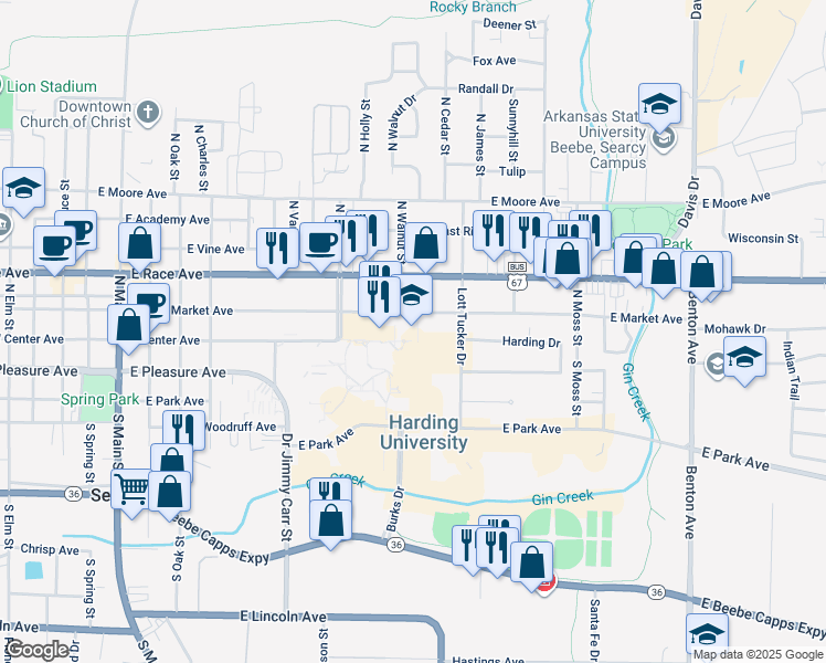 map of restaurants, bars, coffee shops, grocery stores, and more near in Searcy