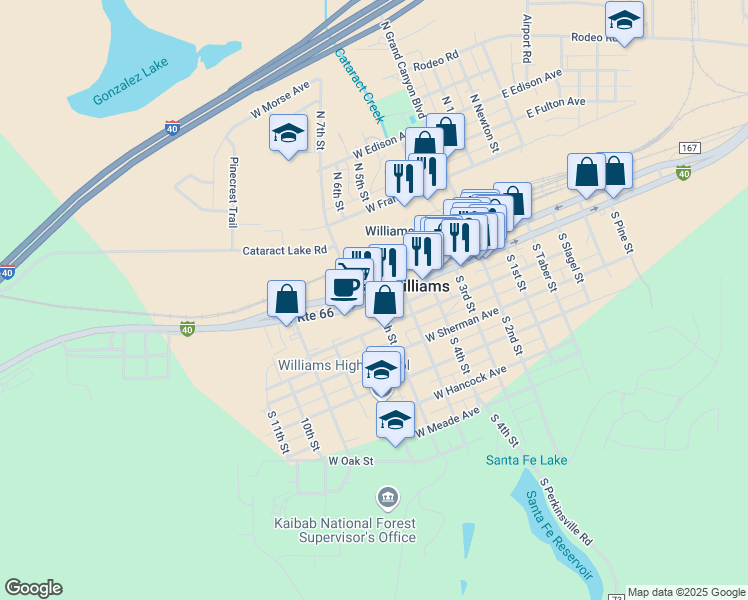 map of restaurants, bars, coffee shops, grocery stores, and more near West Route 66 in Williams