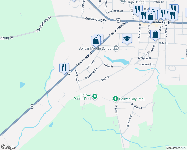map of restaurants, bars, coffee shops, grocery stores, and more near 604 Clifft Street in Bolivar