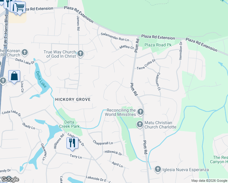 map of restaurants, bars, coffee shops, grocery stores, and more near 8007 Tiburon Circle in Charlotte