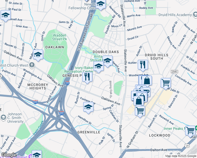 map of restaurants, bars, coffee shops, grocery stores, and more near 1810 Stroud Park Court in Charlotte