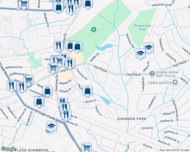 map of restaurants, bars, coffee shops, grocery stores, and more near 609 Blendwood Drive in Charlotte