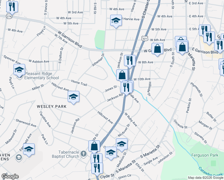 map of restaurants, bars, coffee shops, grocery stores, and more near 1216 Jackson Road in Gastonia