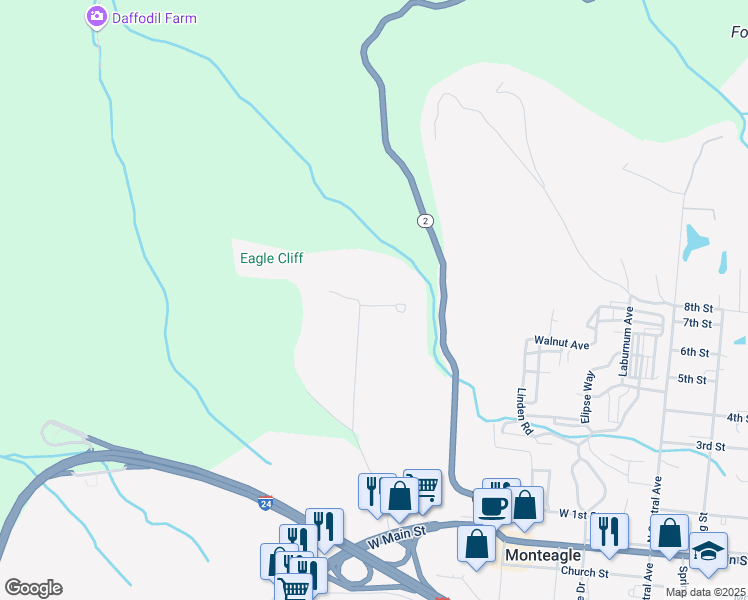map of restaurants, bars, coffee shops, grocery stores, and more near 121 Valley View Drive in Monteagle