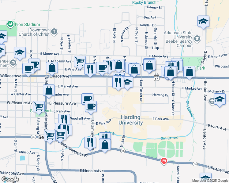 map of restaurants, bars, coffee shops, grocery stores, and more near 915 East Market Avenue in Searcy