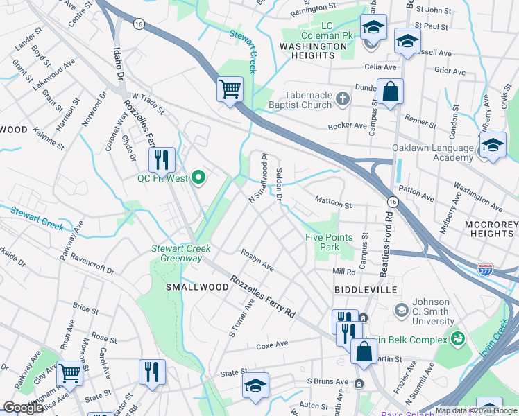 map of restaurants, bars, coffee shops, grocery stores, and more near 104 South Gregg Street in Charlotte