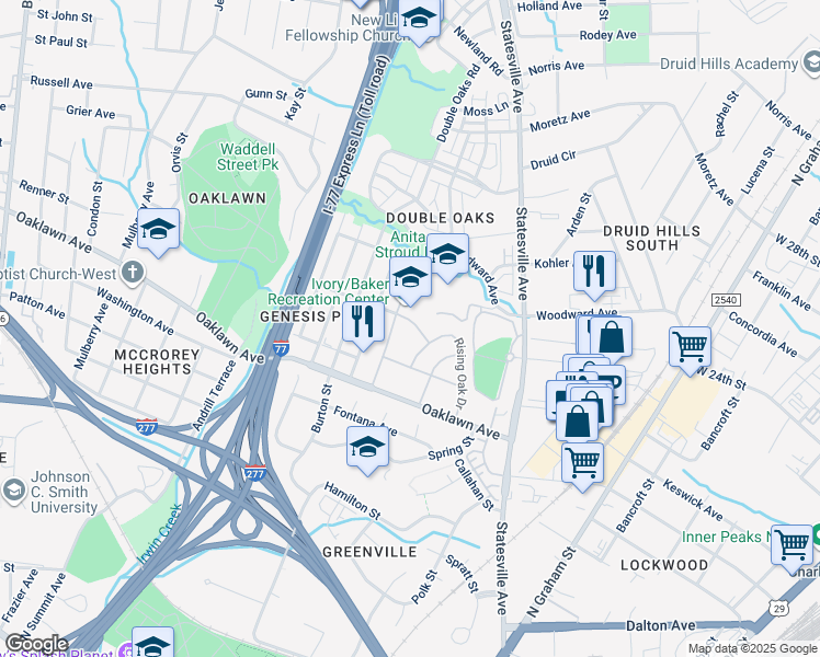 map of restaurants, bars, coffee shops, grocery stores, and more near 1810 Stroud Park Court in Charlotte