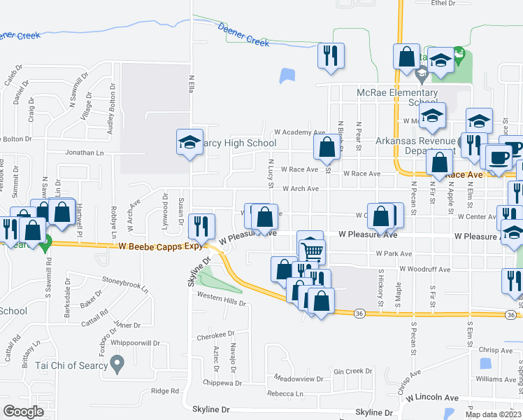 map of restaurants, bars, coffee shops, grocery stores, and more near 1504 West Center Avenue in Searcy