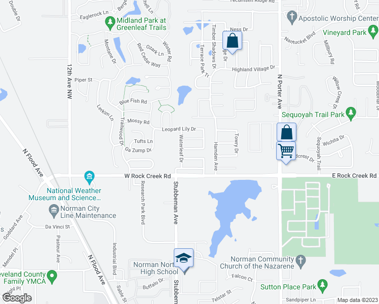 map of restaurants, bars, coffee shops, grocery stores, and more near 500 Dayflower Lane in Norman