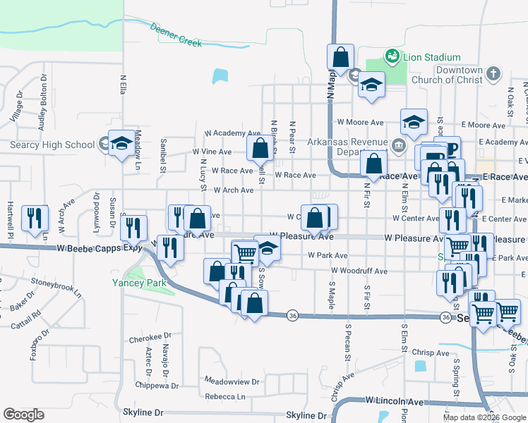 map of restaurants, bars, coffee shops, grocery stores, and more near 1107 West Center Avenue in Searcy