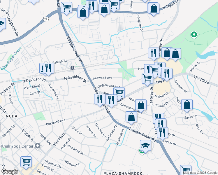 map of restaurants, bars, coffee shops, grocery stores, and more near 4109 Atmore Street in Charlotte