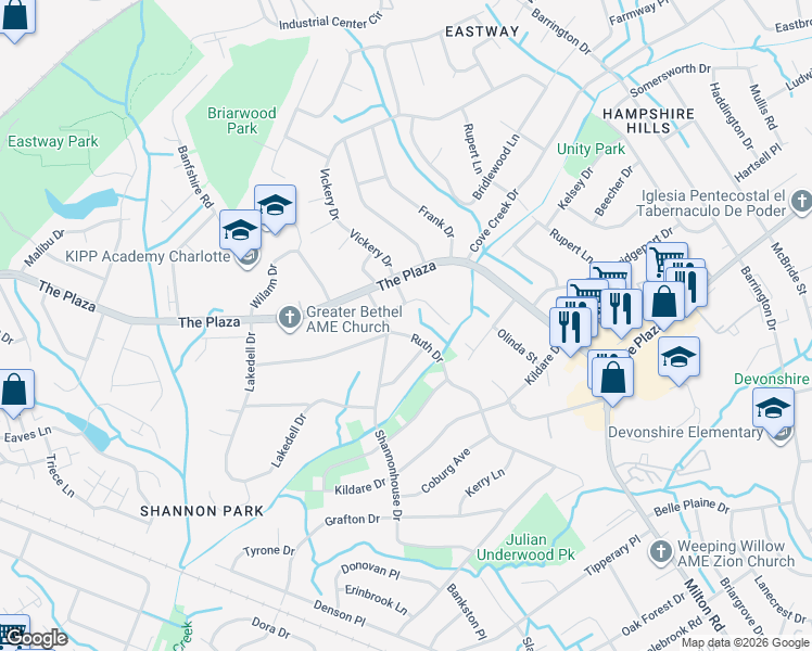 map of restaurants, bars, coffee shops, grocery stores, and more near 5449 Kinsale Lane in Charlotte
