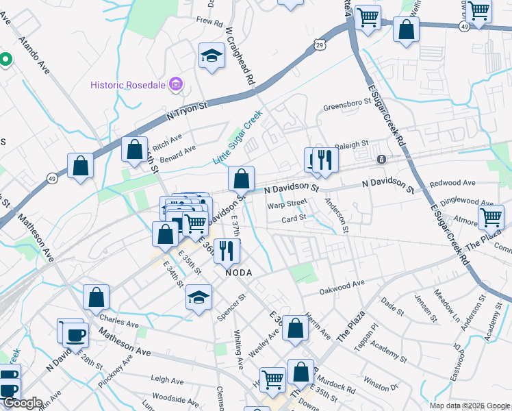 map of restaurants, bars, coffee shops, grocery stores, and more near 605 Patterson Street in Charlotte
