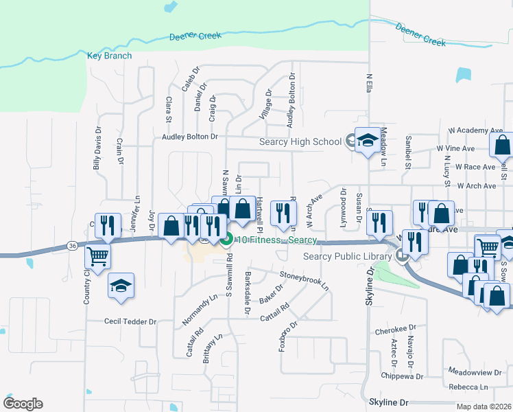 map of restaurants, bars, coffee shops, grocery stores, and more near 109 Nicole Drive in Searcy