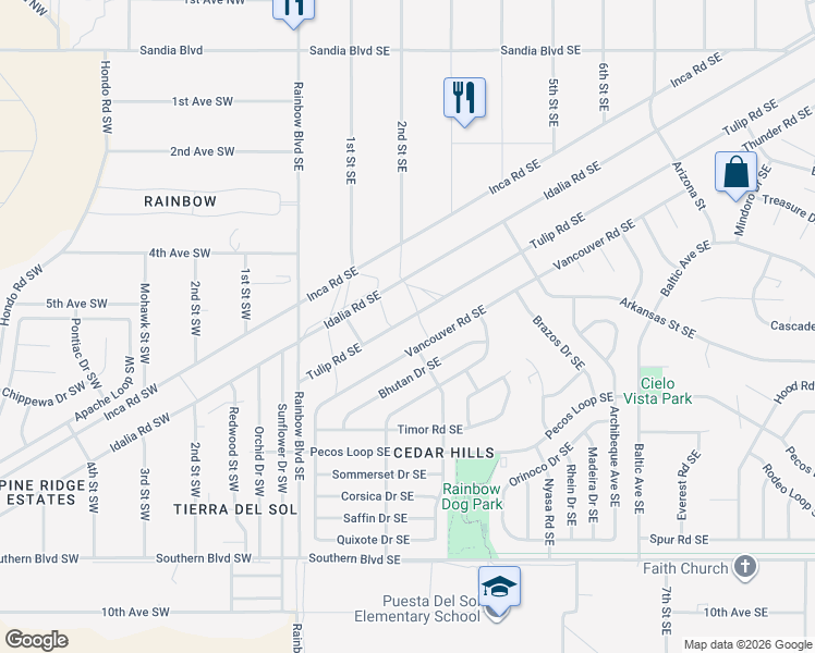 map of restaurants, bars, coffee shops, grocery stores, and more near 619 Vancouver Road Southeast in Rio Rancho
