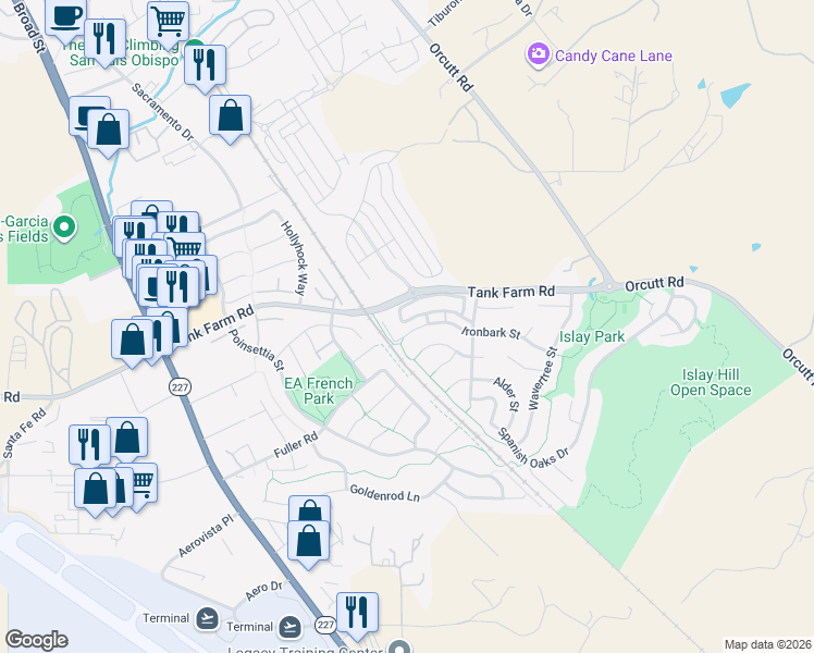 map of restaurants, bars, coffee shops, grocery stores, and more near 1226 Sawleaf Street in San Luis Obispo