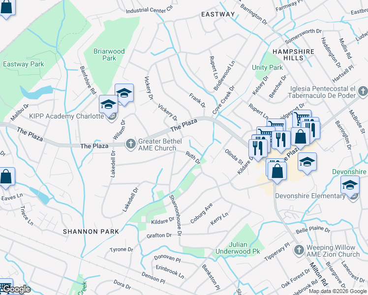 map of restaurants, bars, coffee shops, grocery stores, and more near 5449 Kinsale Lane in Charlotte