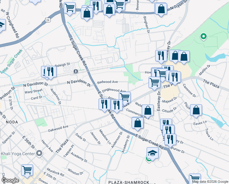 map of restaurants, bars, coffee shops, grocery stores, and more near 4109 Atmore Street in Charlotte