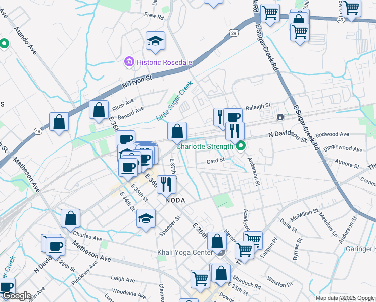 map of restaurants, bars, coffee shops, grocery stores, and more near 605 Patterson Street in Charlotte