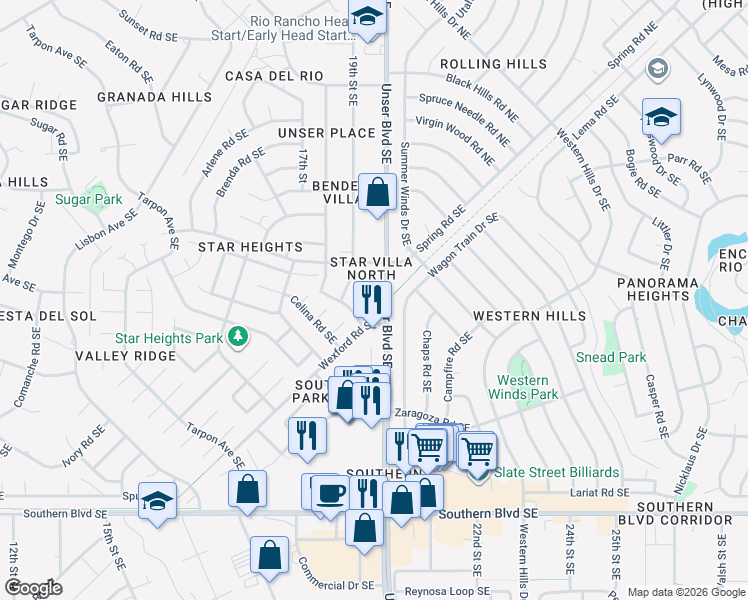 map of restaurants, bars, coffee shops, grocery stores, and more near 590 Star Villa Circle Southeast in Rio Rancho