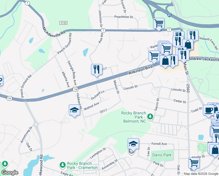 map of restaurants, bars, coffee shops, grocery stores, and more near 407 Orchard Lane in Belmont