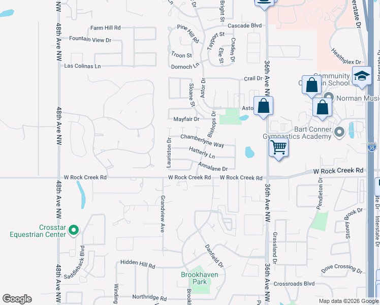 map of restaurants, bars, coffee shops, grocery stores, and more near 4012 Hatterly Lane in Norman