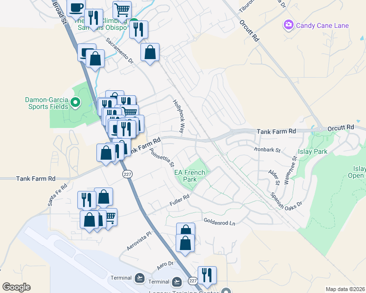 map of restaurants, bars, coffee shops, grocery stores, and more near 980 Bluebell Way in San Luis Obispo