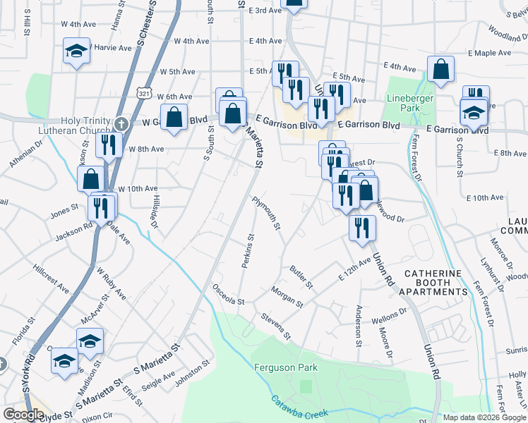 map of restaurants, bars, coffee shops, grocery stores, and more near 1025 Plymouth Street in Gastonia