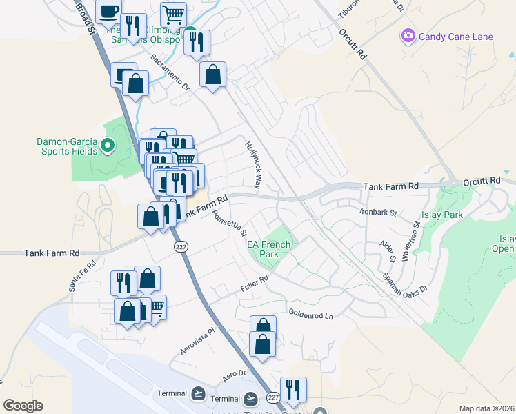 map of restaurants, bars, coffee shops, grocery stores, and more near 980 Bluebell Way in San Luis Obispo