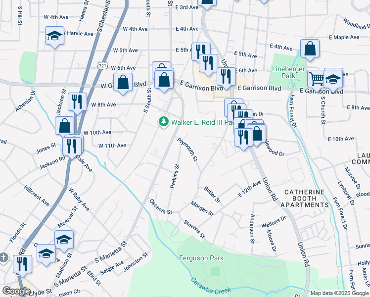 map of restaurants, bars, coffee shops, grocery stores, and more near 1025 Plymouth Street in Gastonia