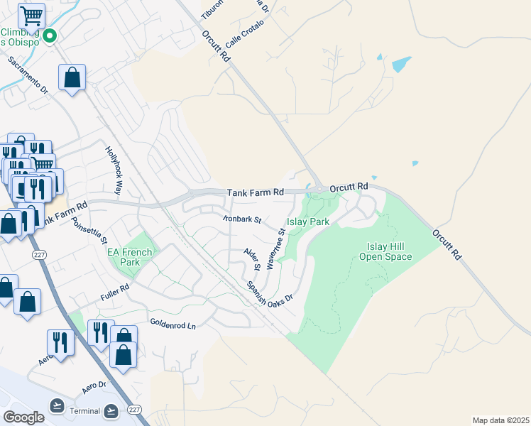 map of restaurants, bars, coffee shops, grocery stores, and more near 4345 Olea Court in San Luis Obispo