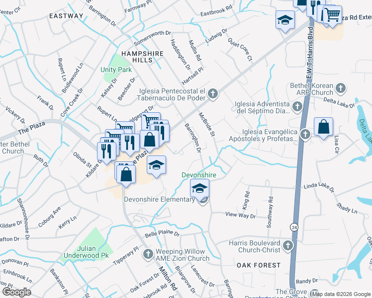 map of restaurants, bars, coffee shops, grocery stores, and more near 6433 Woody Glen Place in Charlotte