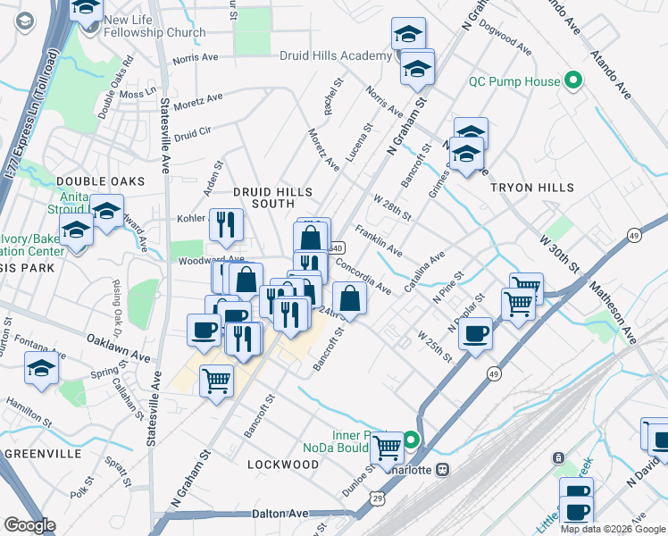 map of restaurants, bars, coffee shops, grocery stores, and more near in Charlotte