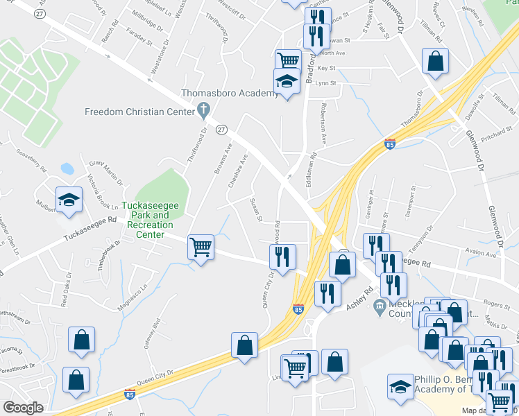map of restaurants, bars, coffee shops, grocery stores, and more near 1331 Susan Street in Charlotte