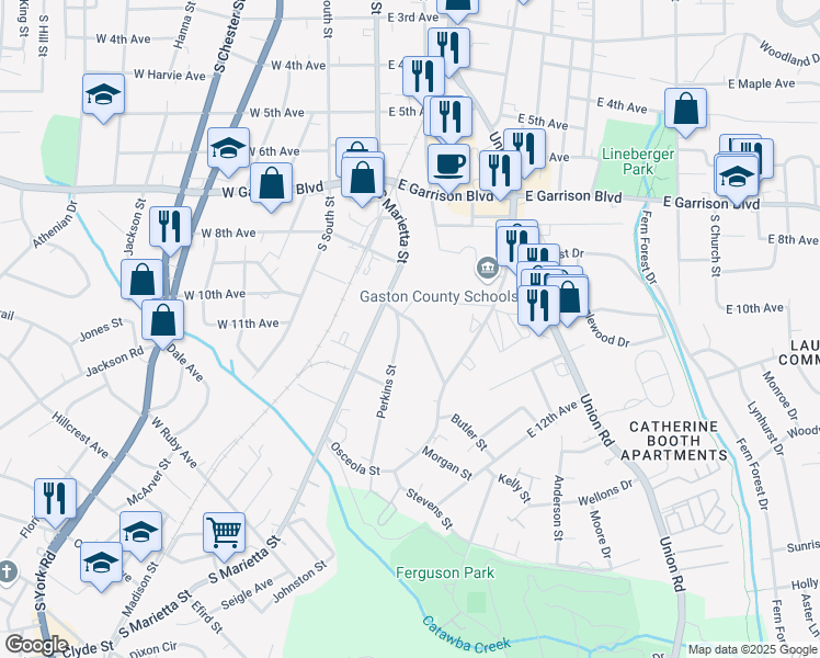 map of restaurants, bars, coffee shops, grocery stores, and more near 1025 Plymouth Street in Gastonia