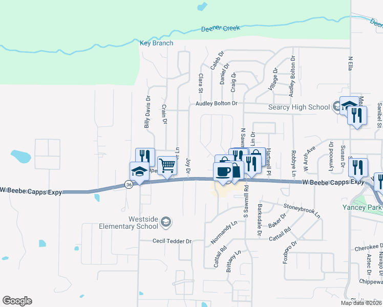 map of restaurants, bars, coffee shops, grocery stores, and more near 113 Joy Drive in Searcy
