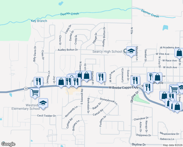 map of restaurants, bars, coffee shops, grocery stores, and more near 109 Nicole Drive in Searcy