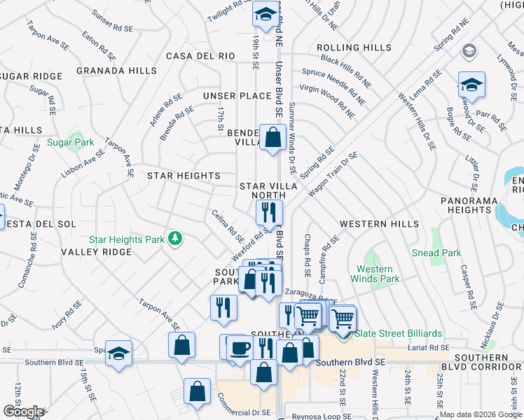 map of restaurants, bars, coffee shops, grocery stores, and more near 590 Star Villa Circle Southeast in Rio Rancho