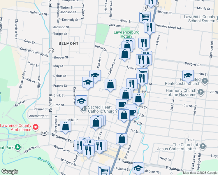 map of restaurants, bars, coffee shops, grocery stores, and more near 702 North Military Avenue in Loretto