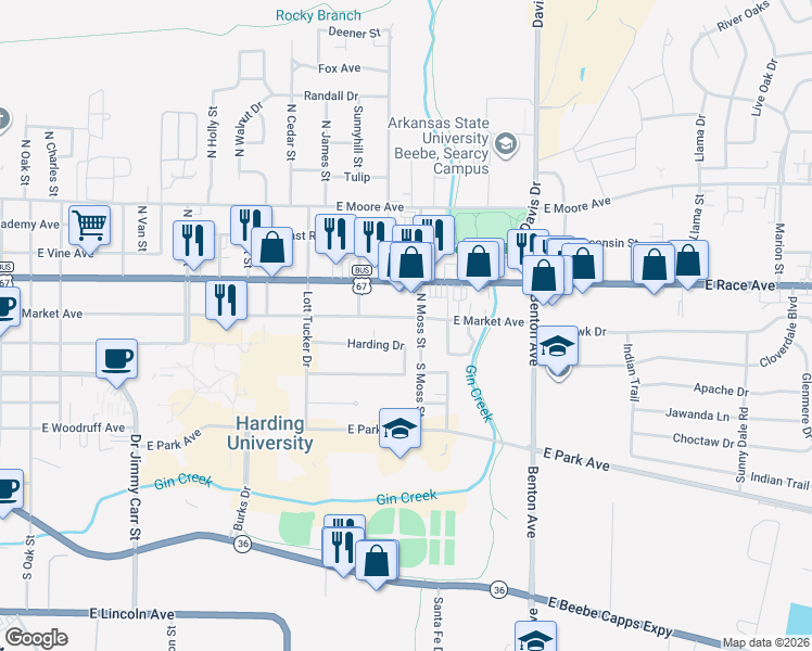 map of restaurants, bars, coffee shops, grocery stores, and more near 27 Harding Drive in Searcy