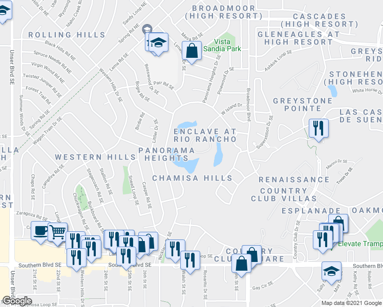 map of restaurants, bars, coffee shops, grocery stores, and more near 2852 West Island Loop in Rio Rancho