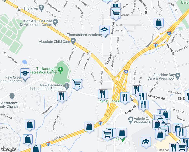 map of restaurants, bars, coffee shops, grocery stores, and more near 1346 Susan Street in Charlotte