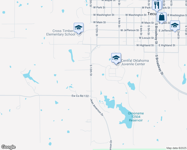 map of restaurants, bars, coffee shops, grocery stores, and more near 901 South 13th Street in Tecumseh