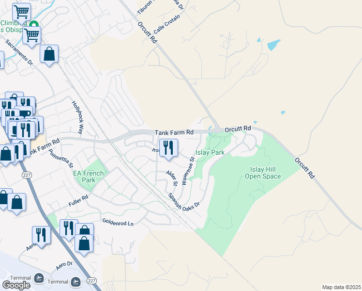 map of restaurants, bars, coffee shops, grocery stores, and more near 4345 Olea Court in San Luis Obispo