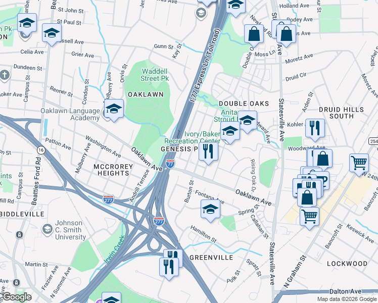 map of restaurants, bars, coffee shops, grocery stores, and more near 1912 Genesis Park Place in Charlotte