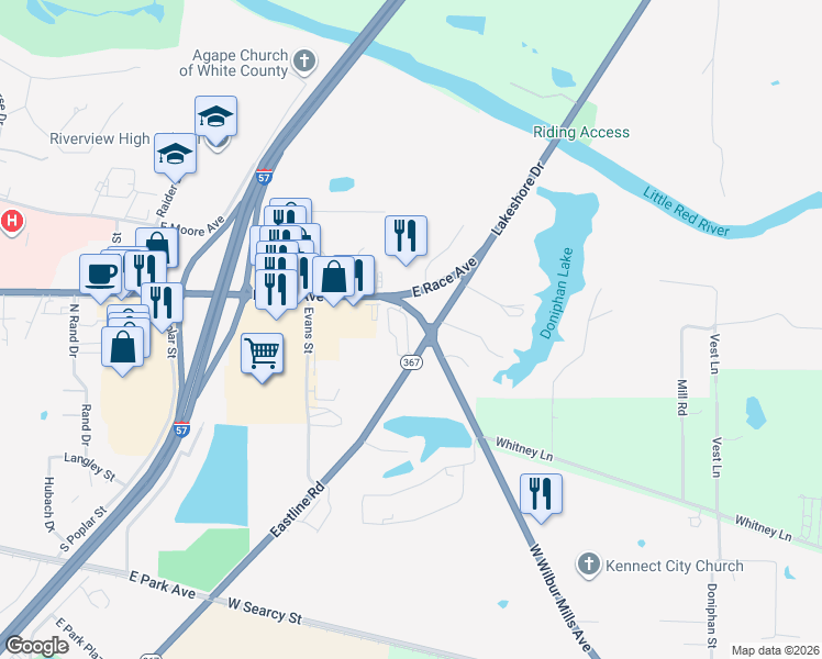 map of restaurants, bars, coffee shops, grocery stores, and more near 1601 Wilbur D Mills Ave in Kensett