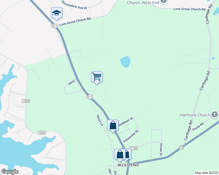 map of restaurants, bars, coffee shops, grocery stores, and more near 202 Monroe Trail in Moore County